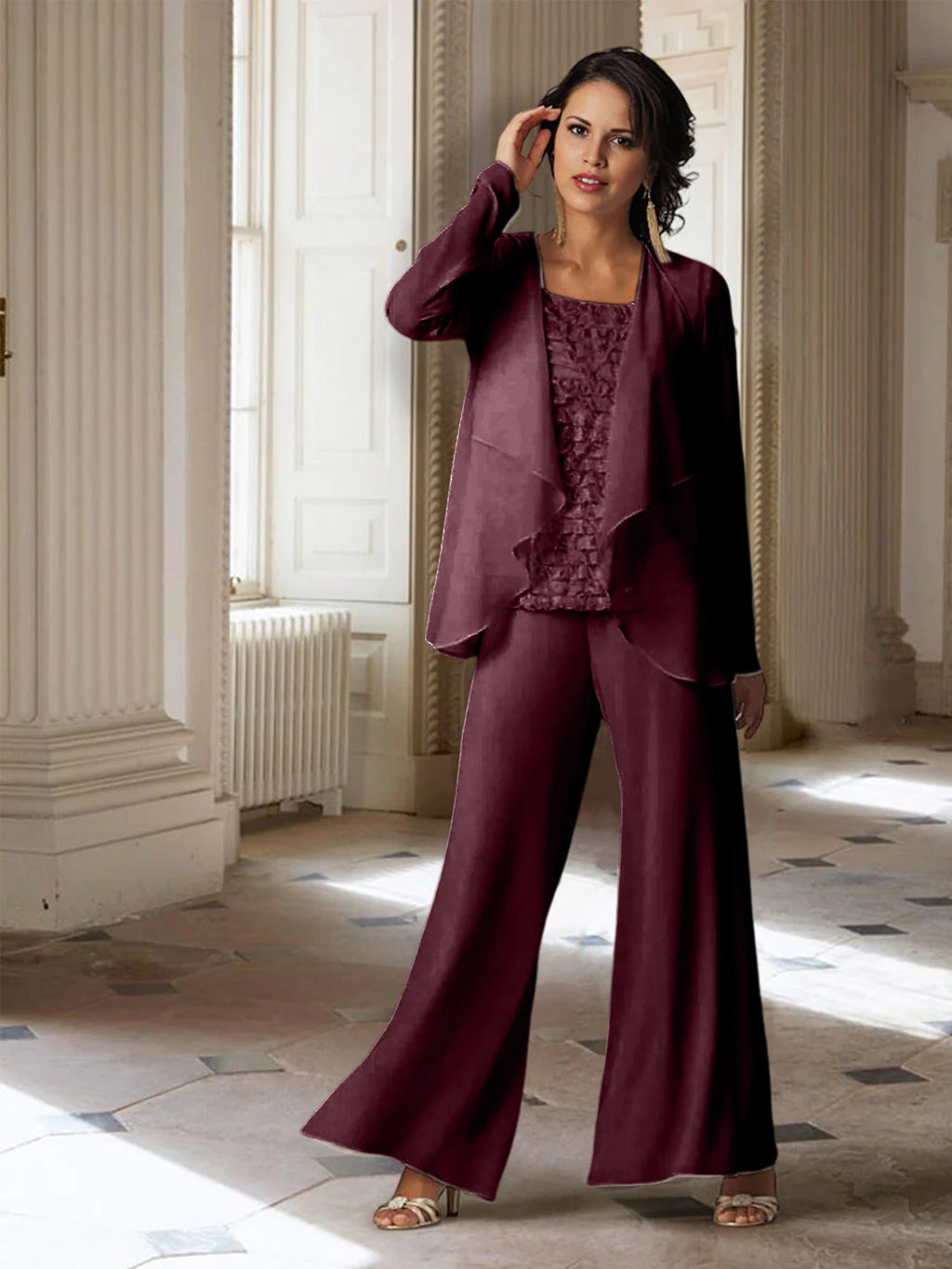 Tailleur-pantalon en mousseline à manches longues pour la mère de la mariée, avec veste 