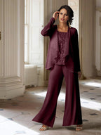 Tailleur-pantalon en mousseline à manches longues pour la mère de la mariée, avec veste 
