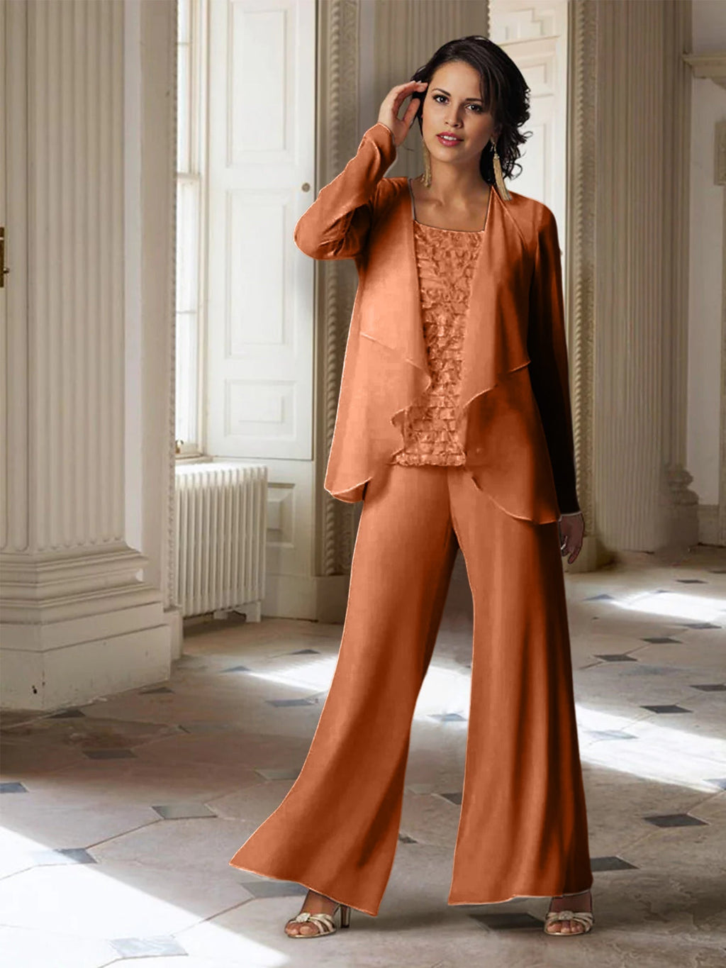 Tailleur-pantalon en mousseline à manches longues pour la mère de la mariée, avec veste 