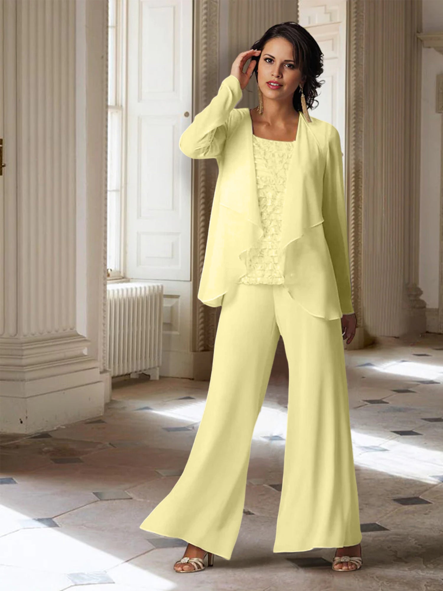 Tailleur-pantalon en mousseline à manches longues pour la mère de la mariée, avec veste 