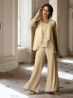 Tailleur-pantalon en mousseline à manches longues pour la mère de la mariée, avec veste 