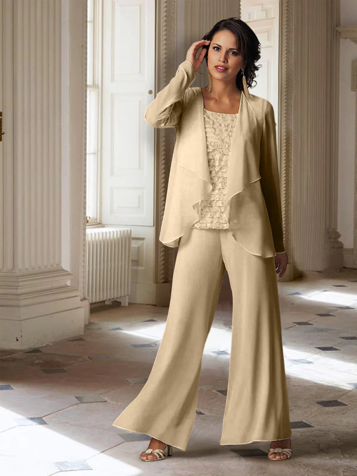 Tailleur-pantalon en mousseline à manches longues pour la mère de la mariée, avec veste 