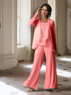 Tailleur-pantalon en mousseline à manches longues pour la mère de la mariée, avec veste 