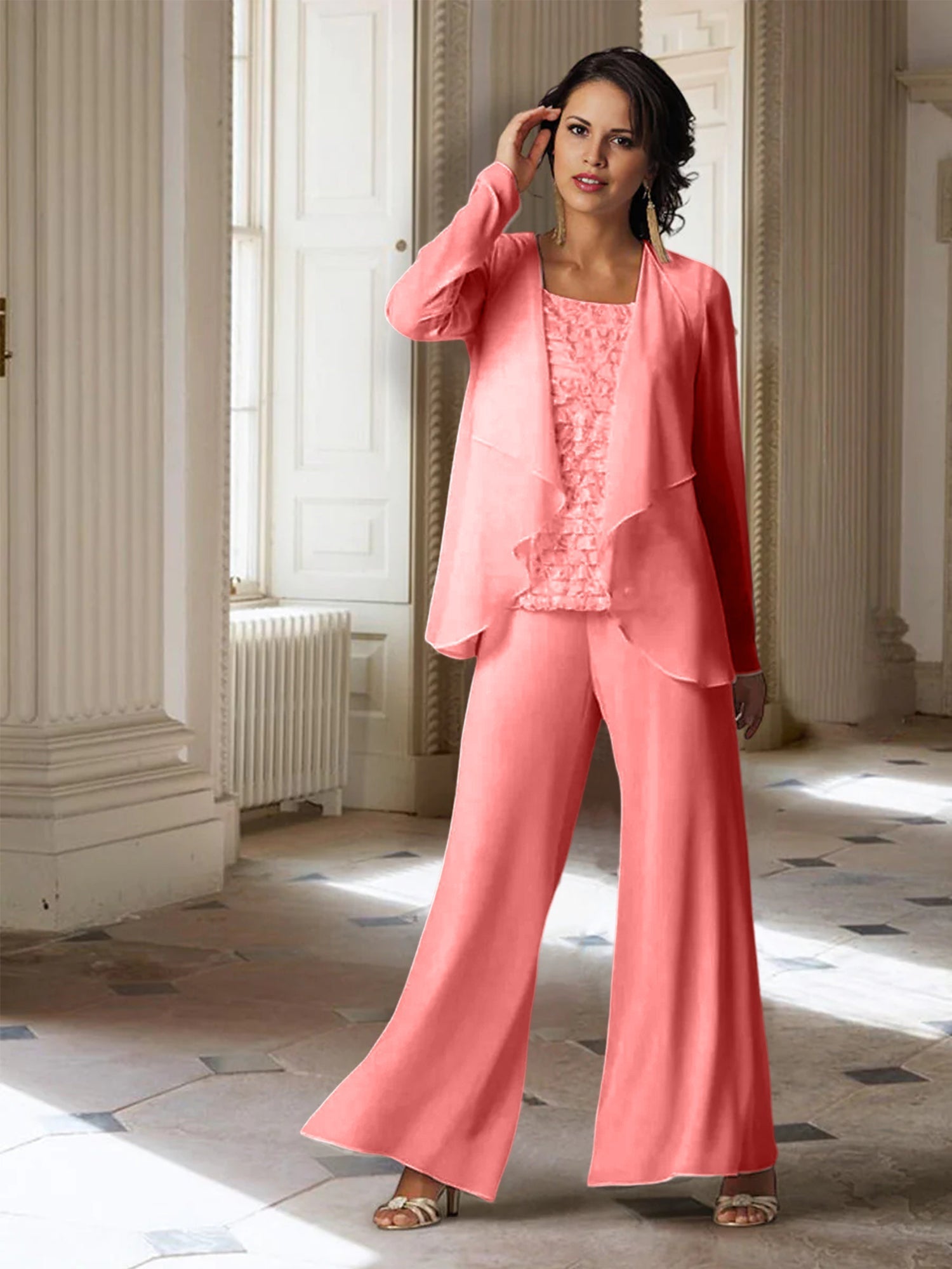 Tailleur-pantalon en mousseline à manches longues pour la mère de la mariée, avec veste 