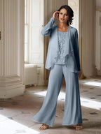 Tailleur-pantalon en mousseline à manches longues pour la mère de la mariée, avec veste 
