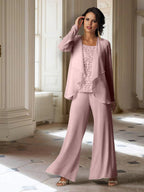 Tailleur-pantalon en mousseline à manches longues pour la mère de la mariée, avec veste 