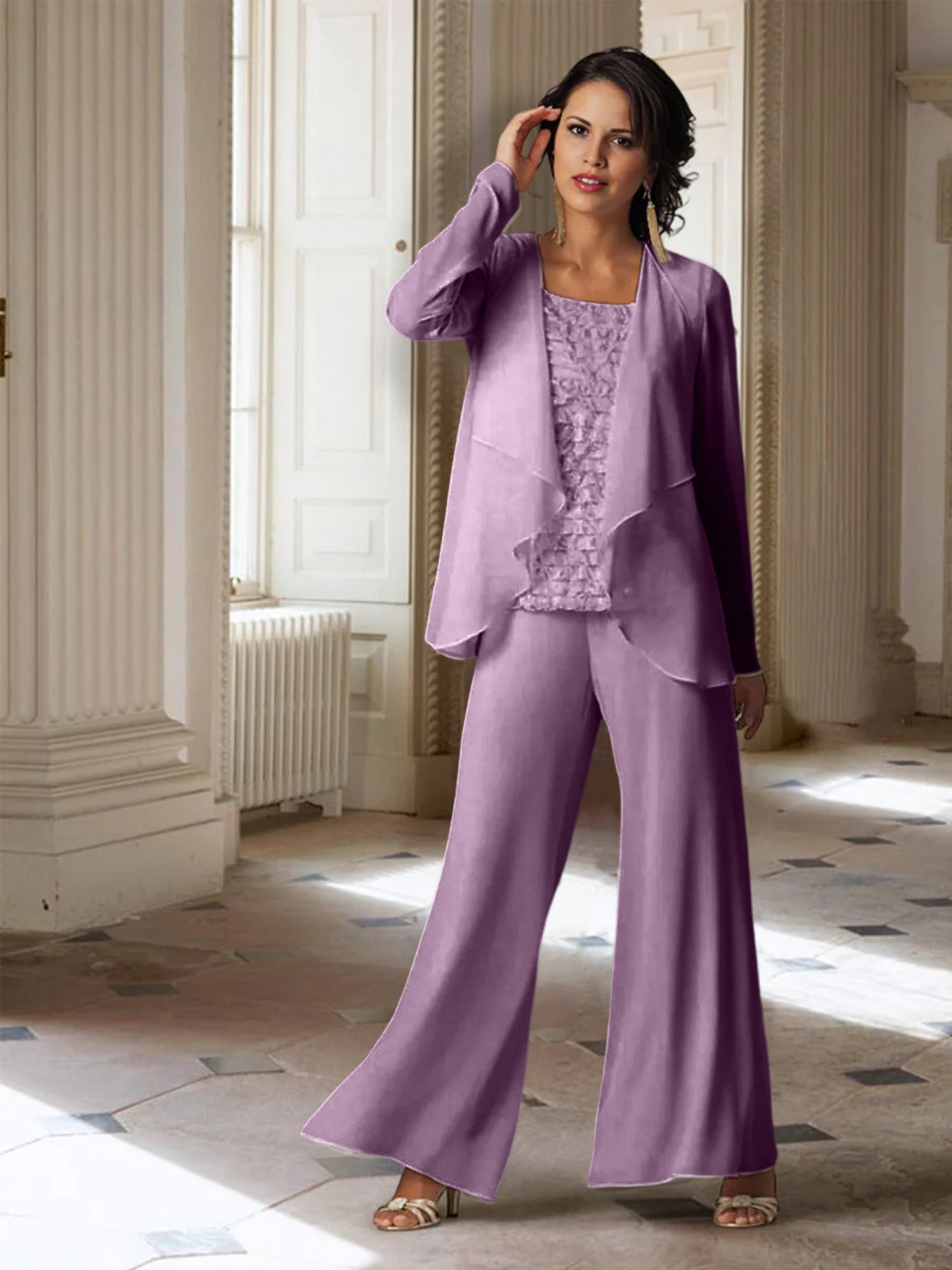 Tailleur-pantalon en mousseline à manches longues pour la mère de la mariée, avec veste 
