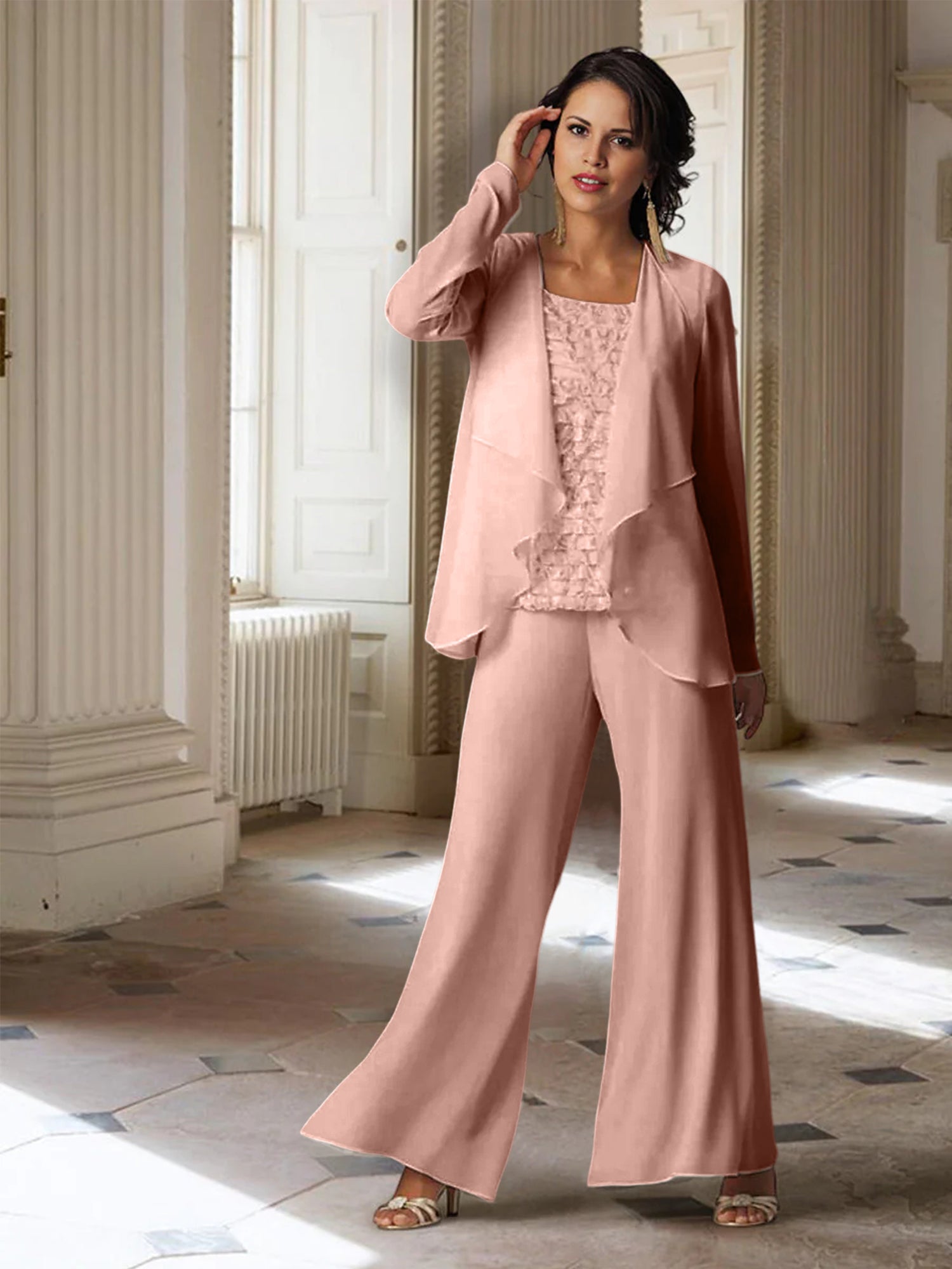 Tailleur-pantalon en mousseline à manches longues pour la mère de la mariée, avec veste 