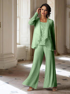 Tailleur-pantalon en mousseline à manches longues pour la mère de la mariée, avec veste 