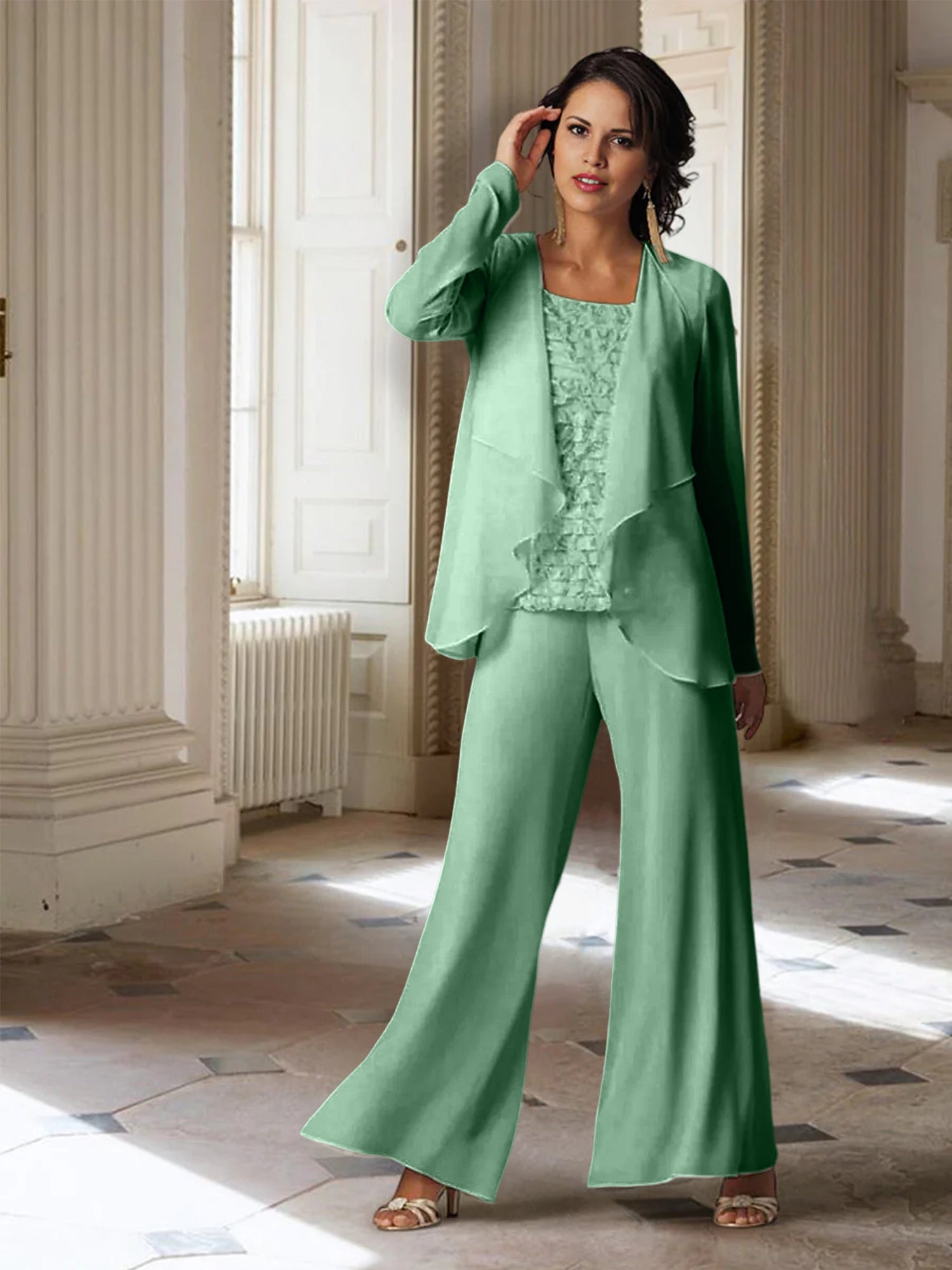 Tailleur-pantalon en mousseline à manches longues pour la mère de la mariée, avec veste 