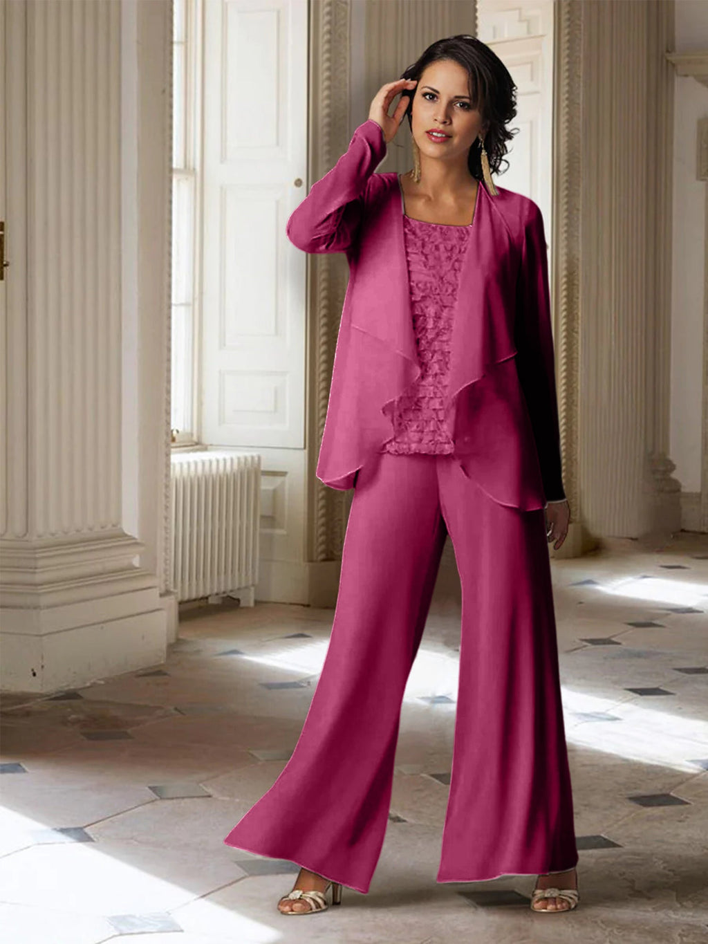 Tailleur-pantalon en mousseline à manches longues pour la mère de la mariée, avec veste 