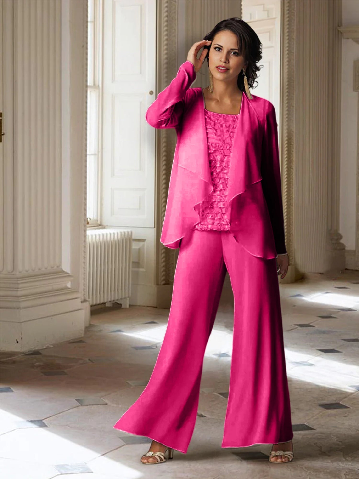 Tailleur-pantalon en mousseline à manches longues pour la mère de la mariée, avec veste 