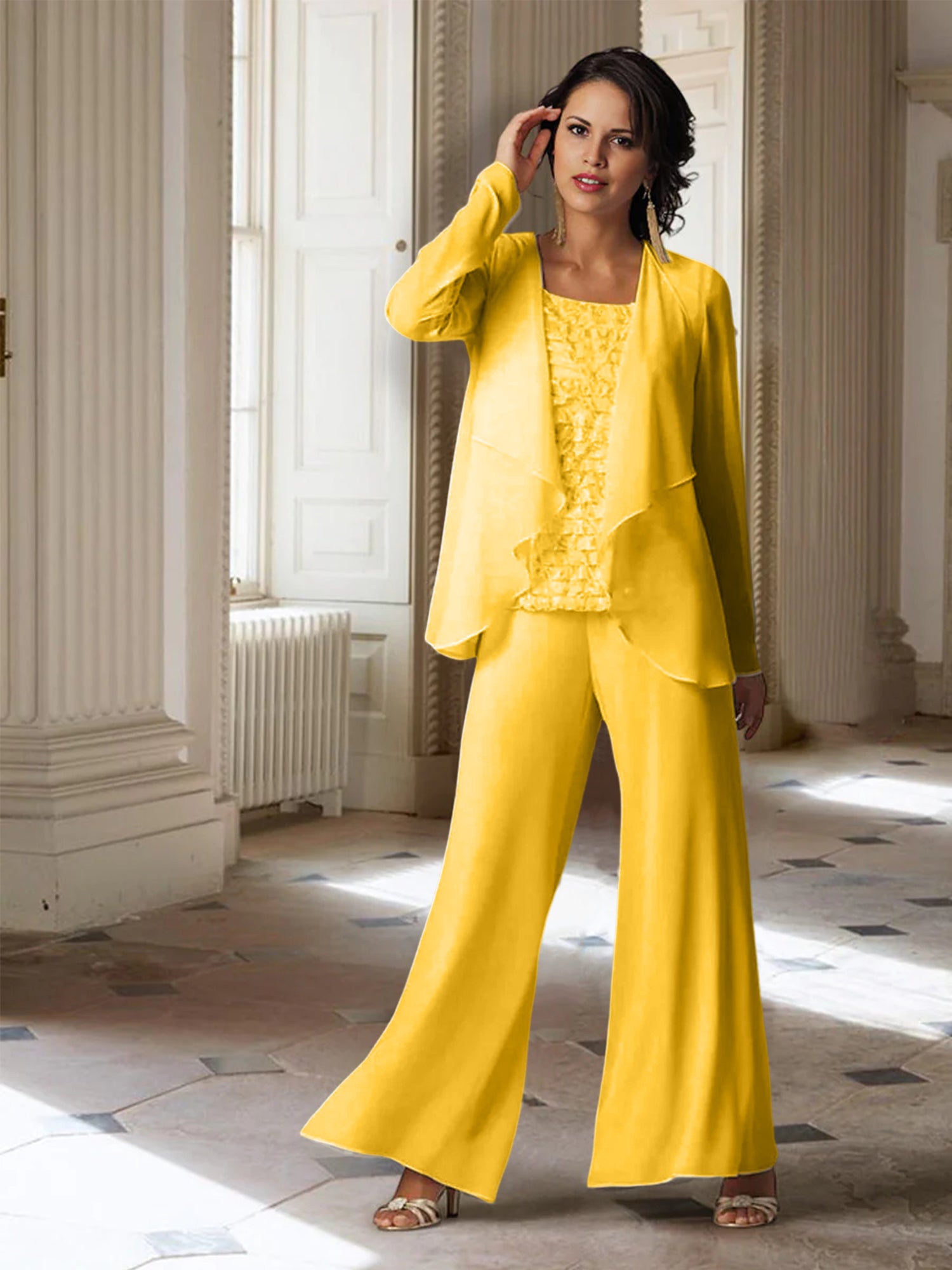 Tailleur-pantalon en mousseline à manches longues pour la mère de la mariée, avec veste 