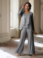 Tailleur-pantalon en mousseline à manches longues pour la mère de la mariée, avec veste 