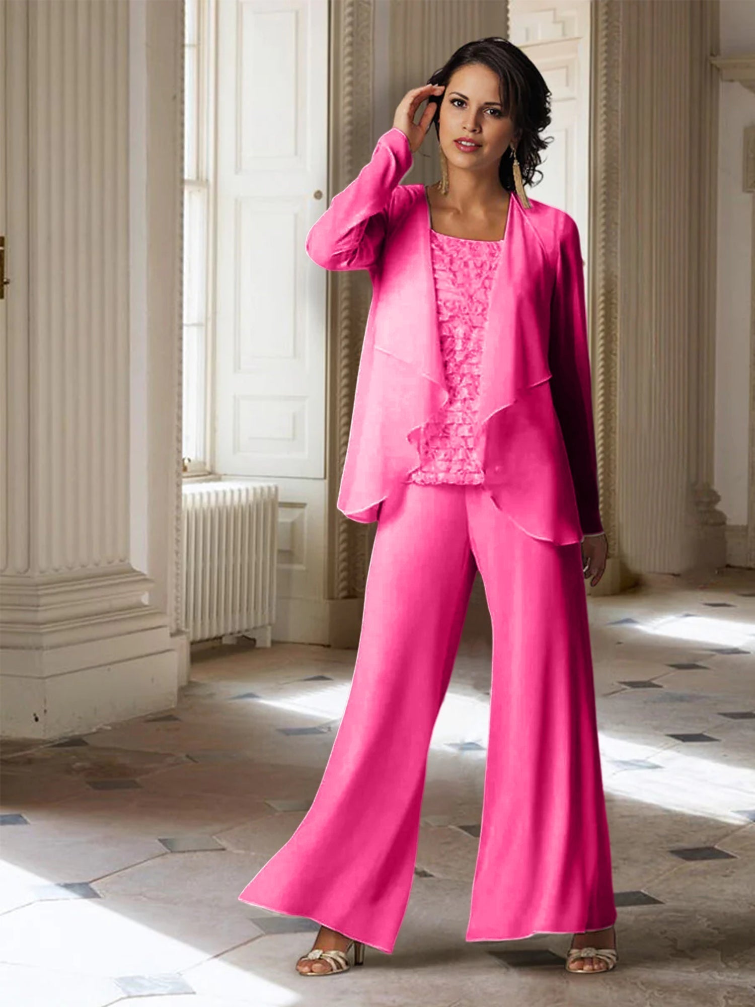 Tailleur-pantalon en mousseline à manches longues pour la mère de la mariée, avec veste 
