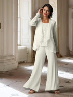 Tailleur-pantalon en mousseline à manches longues pour la mère de la mariée, avec veste 