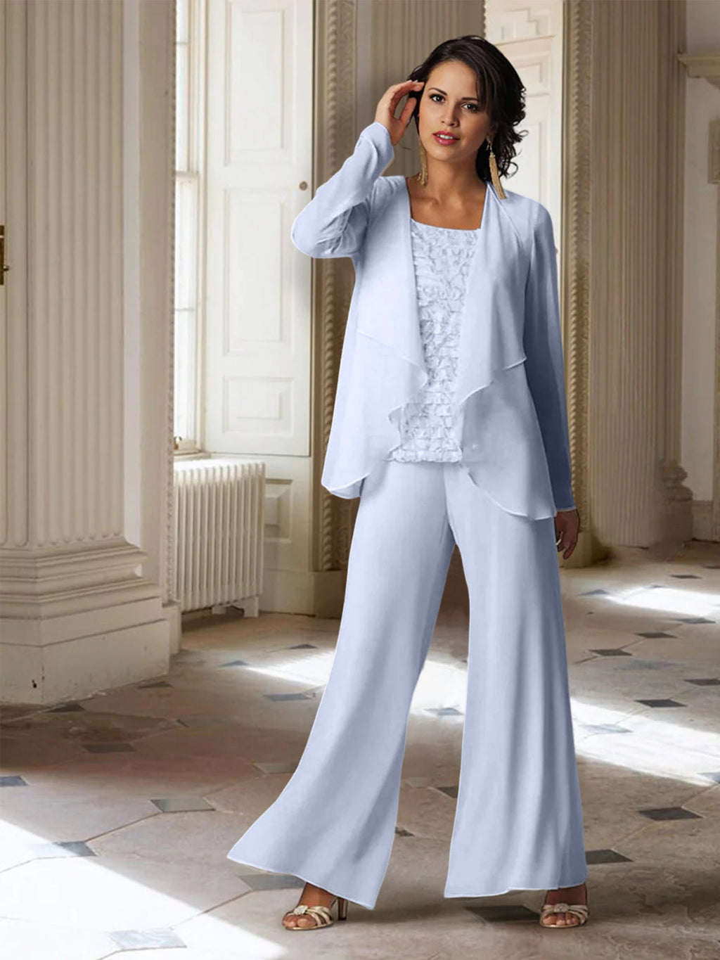 Tailleur-pantalon en mousseline à manches longues pour la mère de la mariée, avec veste 