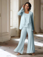 Tailleur-pantalon en mousseline à manches longues pour la mère de la mariée, avec veste 