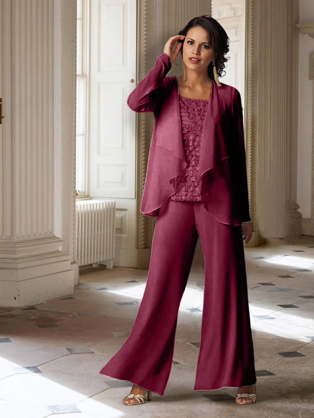 Tailleur-pantalon en mousseline à manches longues pour la mère de la mariée, avec veste 