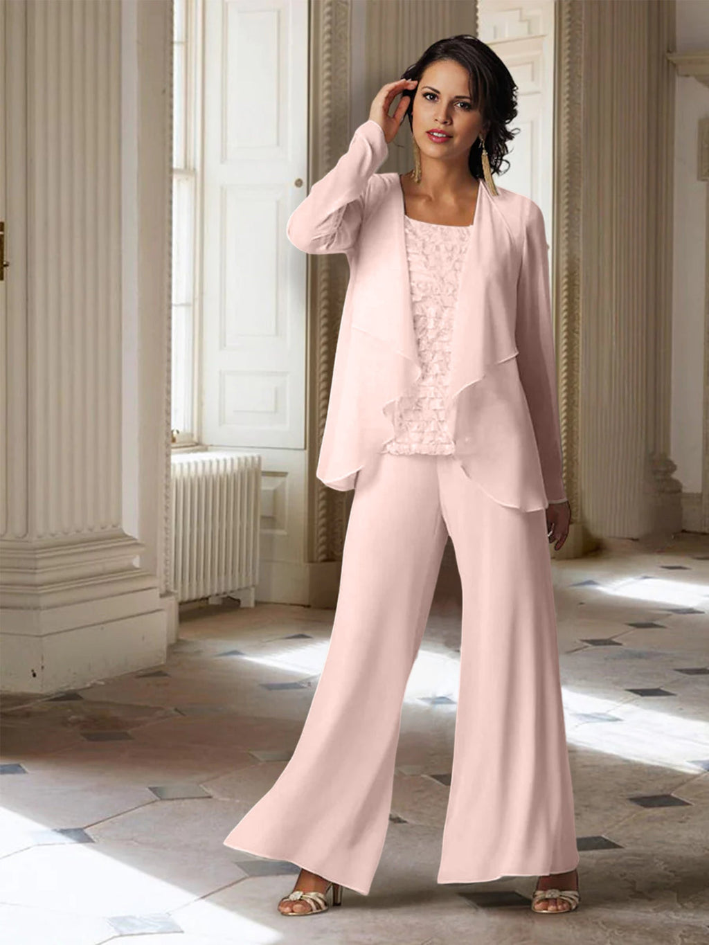 Tailleur-pantalon en mousseline à manches longues pour la mère de la mariée, avec veste 