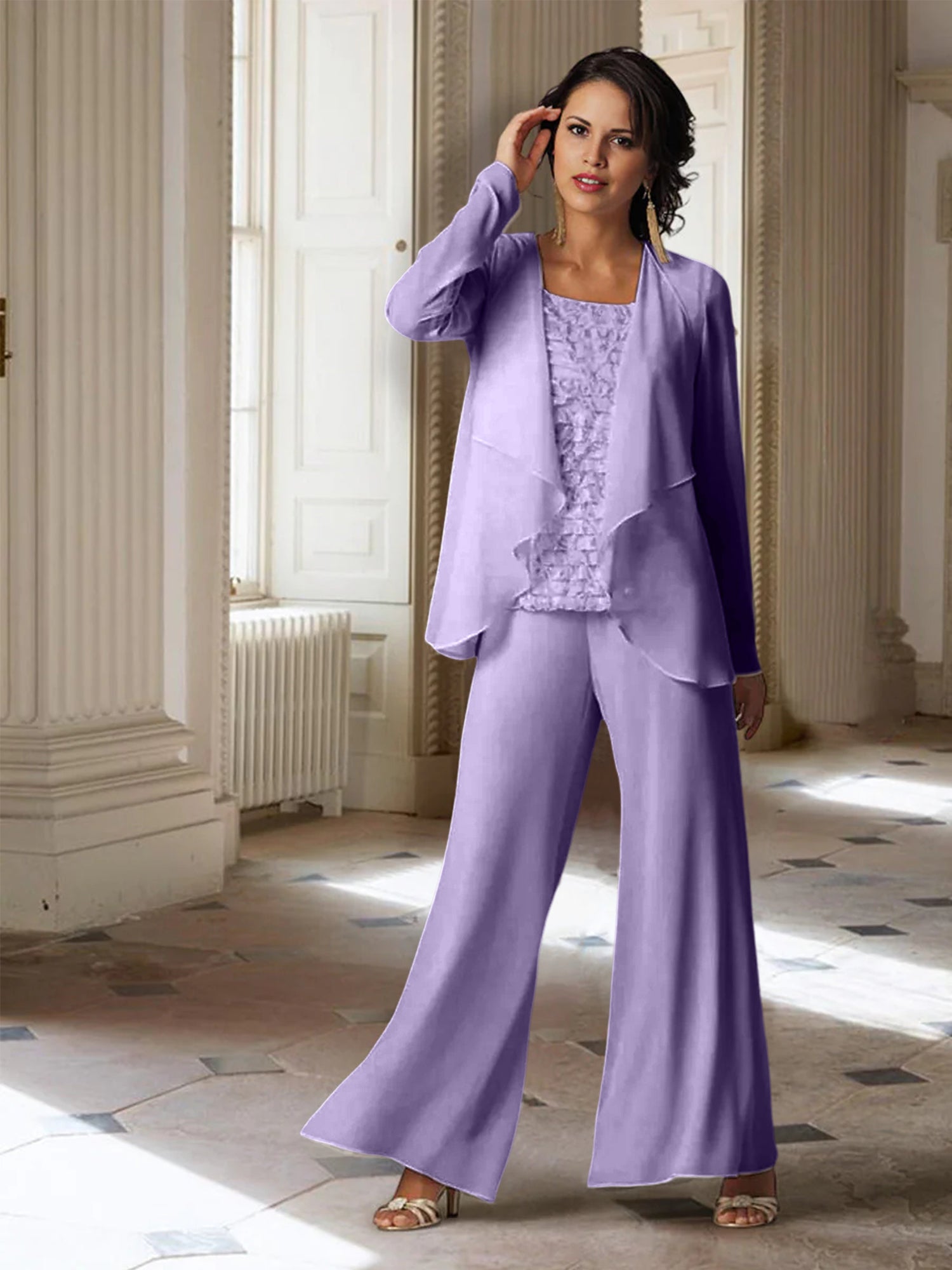Tailleur-pantalon en mousseline à manches longues pour la mère de la mariée, avec veste 