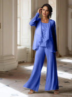 Tailleur-pantalon en mousseline à manches longues pour la mère de la mariée, avec veste 