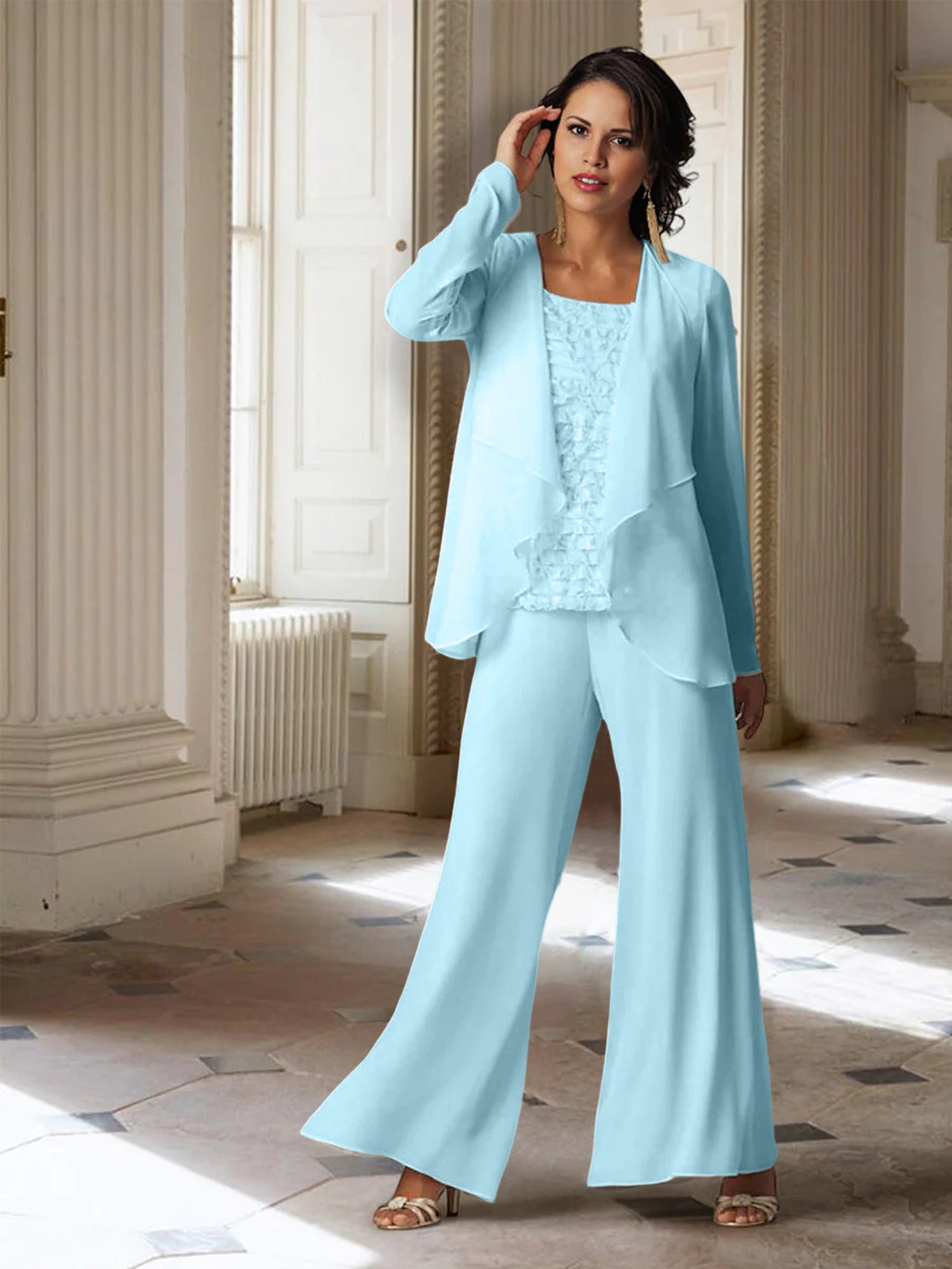 Tailleur-pantalon en mousseline à manches longues pour la mère de la mariée, avec veste 
