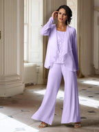 Tailleur-pantalon en mousseline à manches longues pour la mère de la mariée, avec veste 