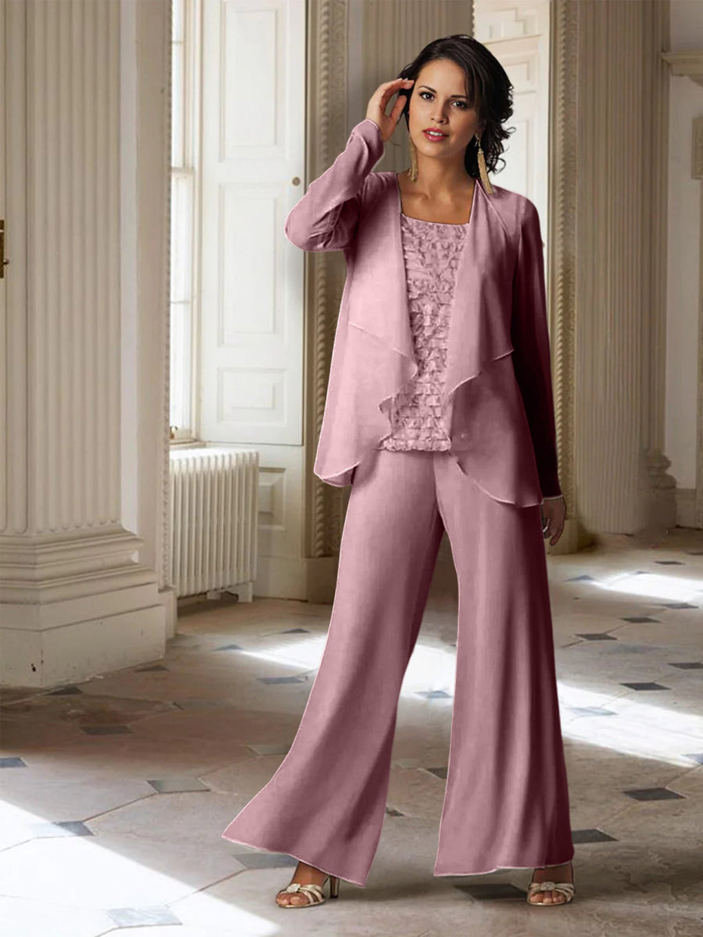 Tailleur-pantalon en mousseline à manches longues pour la mère de la mariée, avec veste 