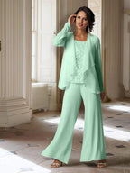 Tailleur-pantalon en mousseline à manches longues pour la mère de la mariée, avec veste 