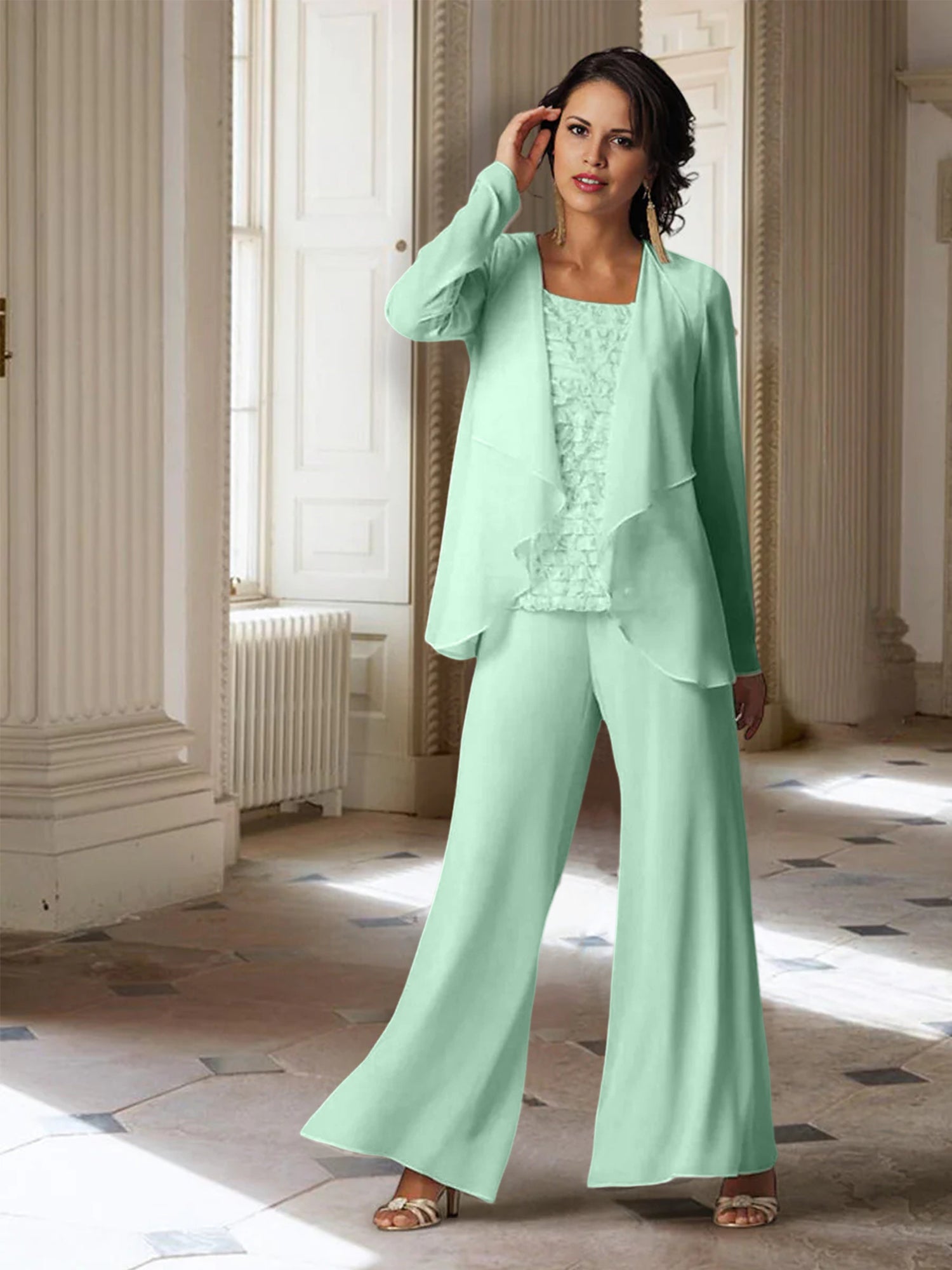 Tailleur-pantalon en mousseline à manches longues pour la mère de la mariée, avec veste 