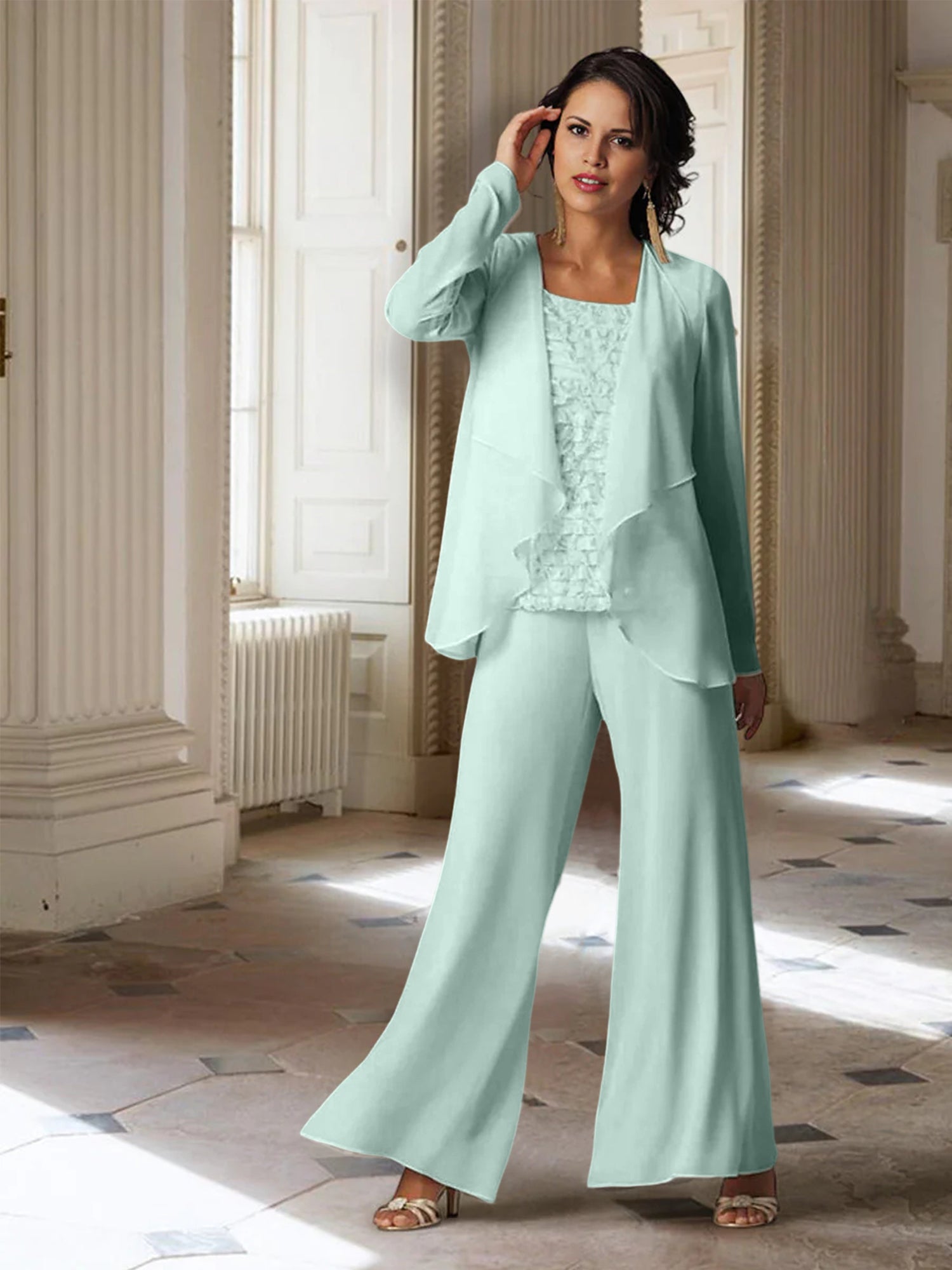 Tailleur-pantalon en mousseline à manches longues pour la mère de la mariée, avec veste 
