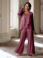 Tailleur-pantalon en mousseline à manches longues pour la mère de la mariée, avec veste 