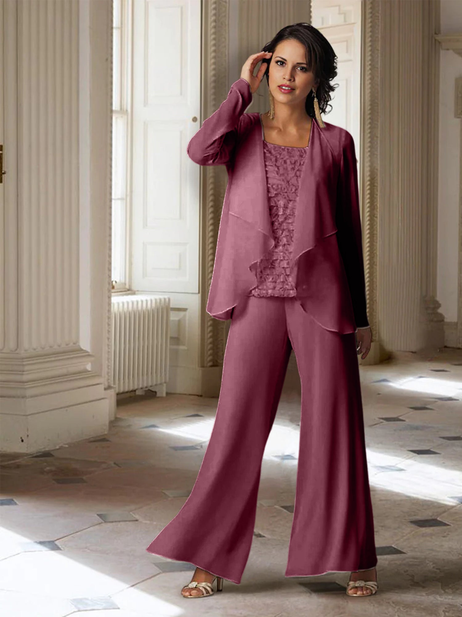 Tailleur-pantalon en mousseline à manches longues pour la mère de la mariée, avec veste 
