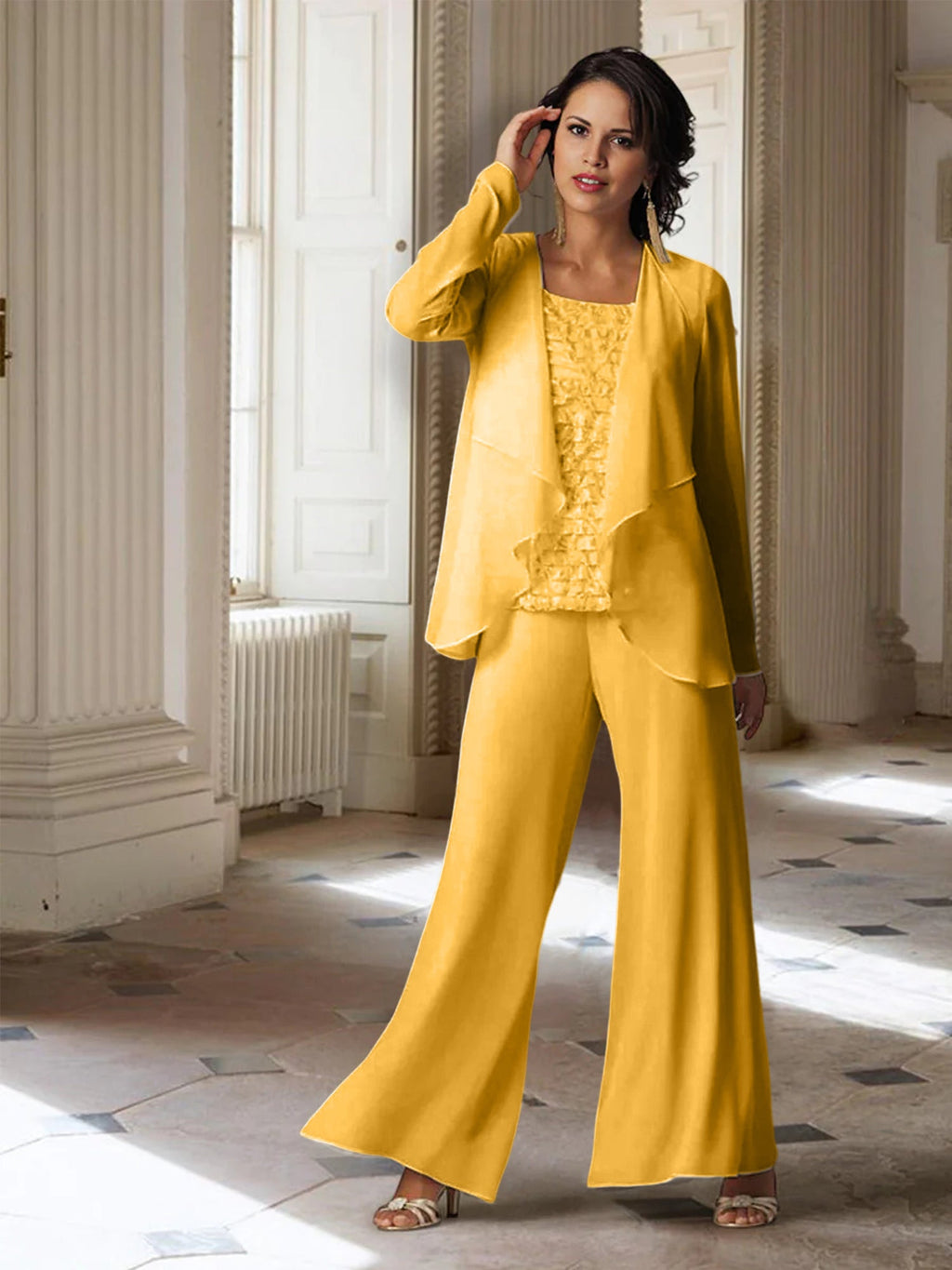 Tailleur-pantalon en mousseline à manches longues pour la mère de la mariée, avec veste 