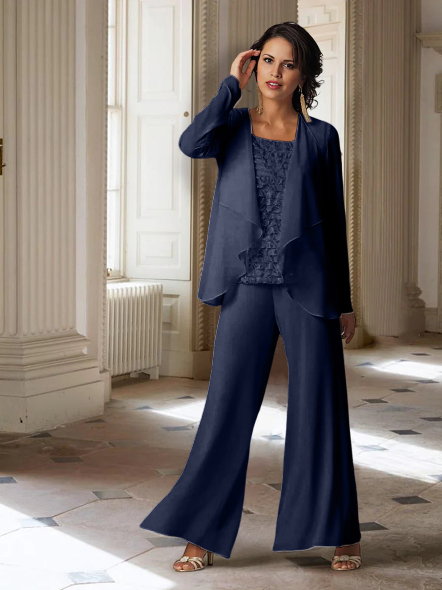 Tailleur-pantalon en mousseline à manches longues pour la mère de la mariée, avec veste 