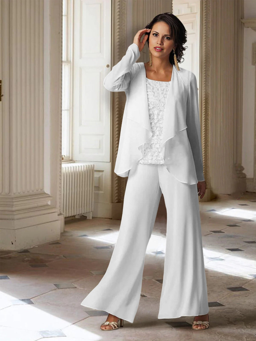 Tailleur-pantalon en mousseline à manches longues pour la mère de la mariée, avec veste 