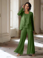Tailleur-pantalon en mousseline à manches longues pour la mère de la mariée, avec veste 