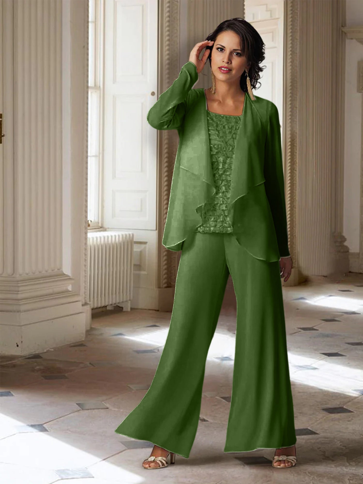 Tailleur-pantalon en mousseline à manches longues pour la mère de la mariée, avec veste 
