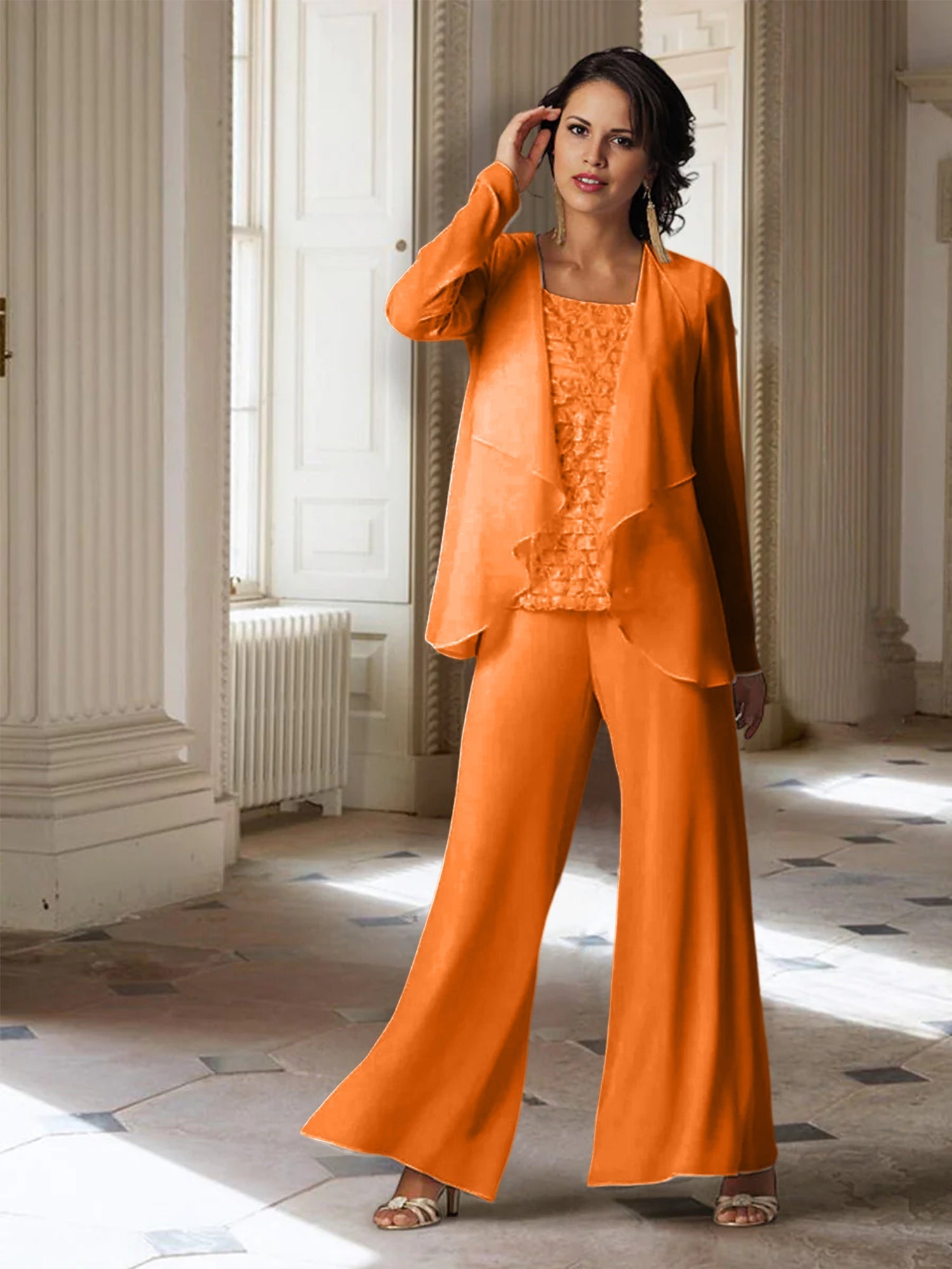 Tailleur-pantalon en mousseline à manches longues pour la mère de la mariée, avec veste 