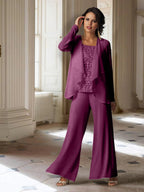 Tailleur-pantalon en mousseline à manches longues pour la mère de la mariée, avec veste 
