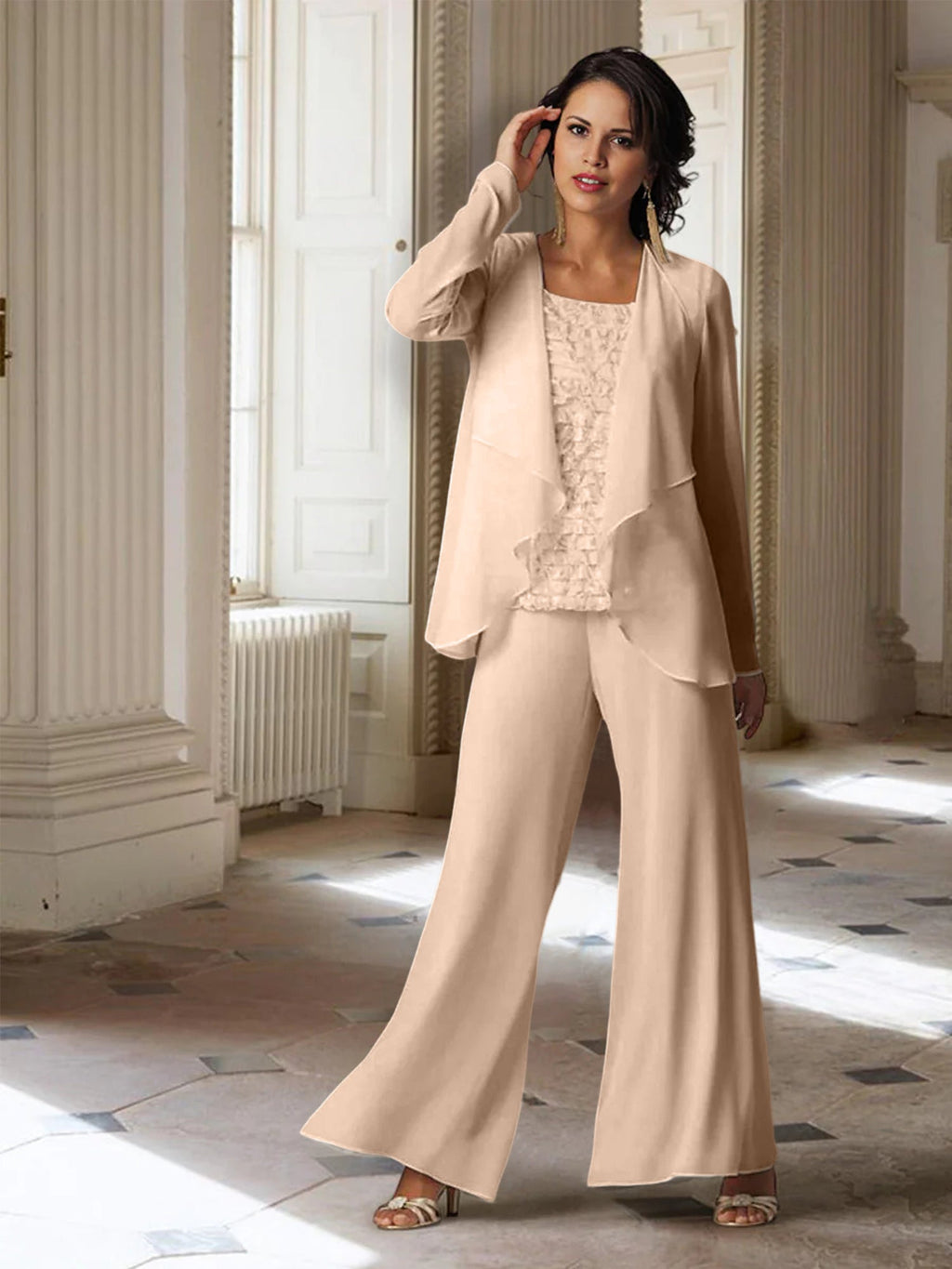 Tailleur-pantalon en mousseline à manches longues pour la mère de la mariée, avec veste 