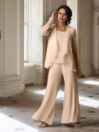 Tailleur-pantalon en mousseline à manches longues pour la mère de la mariée, avec veste 