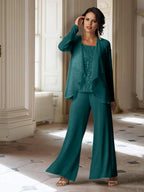 Tailleur-pantalon en mousseline à manches longues pour la mère de la mariée, avec veste 