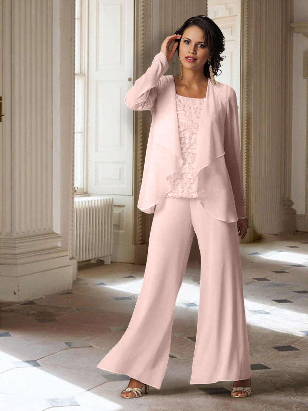 Tailleur-pantalon en mousseline à manches longues pour la mère de la mariée, avec veste 