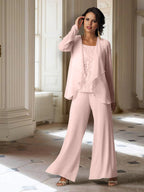 Tailleur-pantalon en mousseline à manches longues pour la mère de la mariée, avec veste 