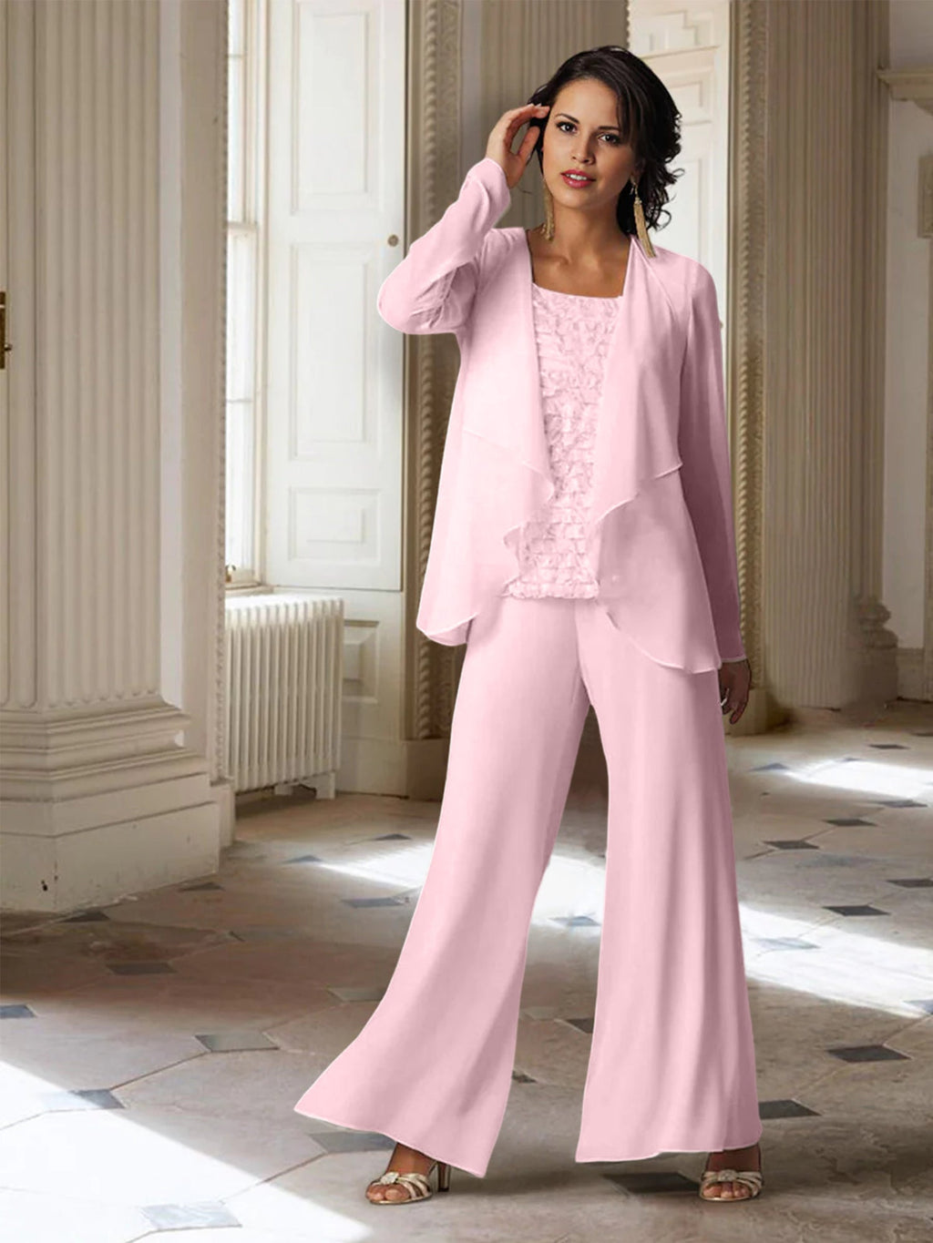 Tailleur-pantalon en mousseline à manches longues pour la mère de la mariée, avec veste 