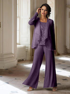 Tailleur-pantalon en mousseline à manches longues pour la mère de la mariée, avec veste 