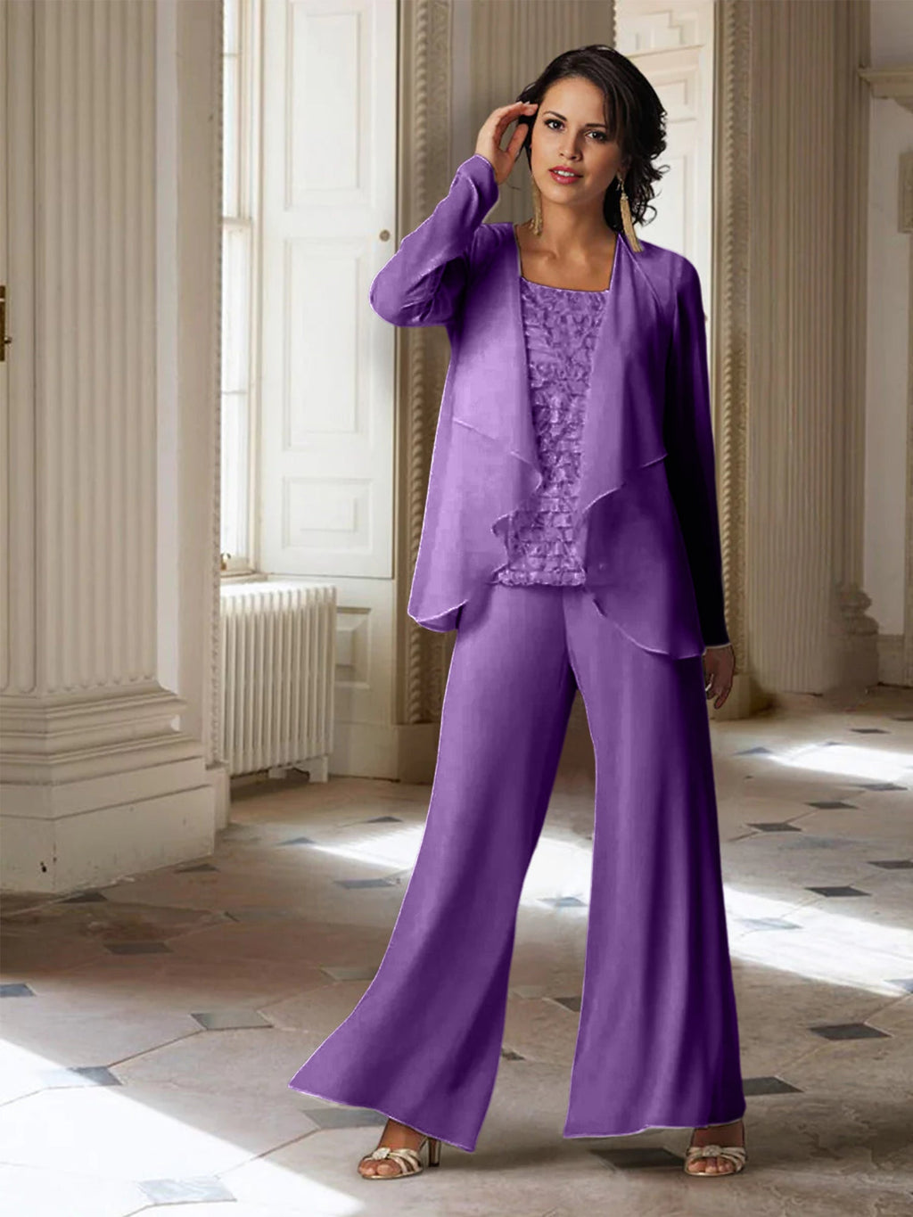 Tailleur-pantalon en mousseline à manches longues pour la mère de la mariée, avec veste 