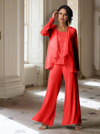 Tailleur-pantalon en mousseline à manches longues pour la mère de la mariée, avec veste 